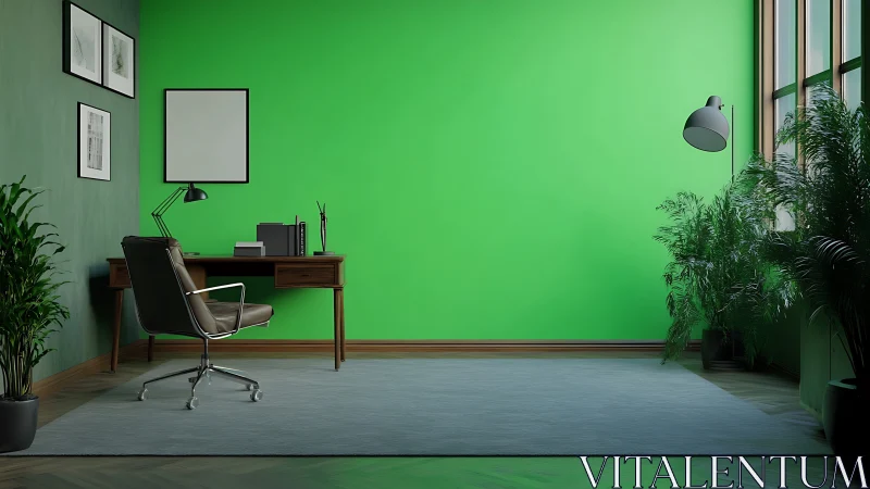 Modern workspace with vivid green wall and biophilic design.