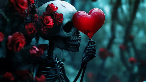 Skeleton holding red heart amid roses in dark forest.