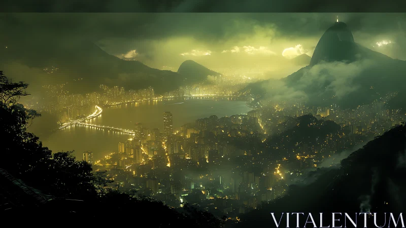 Cinematic night cityscape under fog with luminous bay lines.