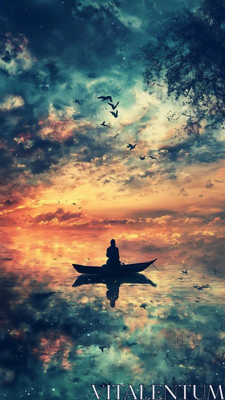 Solitary boat drifts beneath mirrored cosmic sunset sky.