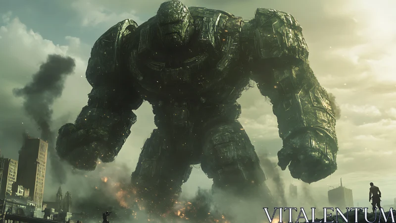 Colossal mech titan strides through a burning ruined cityscape.