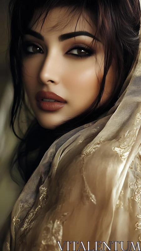 Close-up portrait of woman in embroidered sheer fabric.