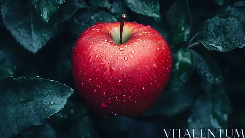 Raindrop-kissed crimson apple hangs like a glowing lantern