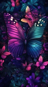 Vibrant multicolored butterflies in dense floral garden.