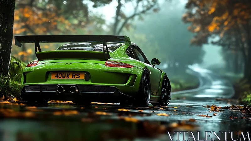 Green sports car on wet forest road in autumn fog.