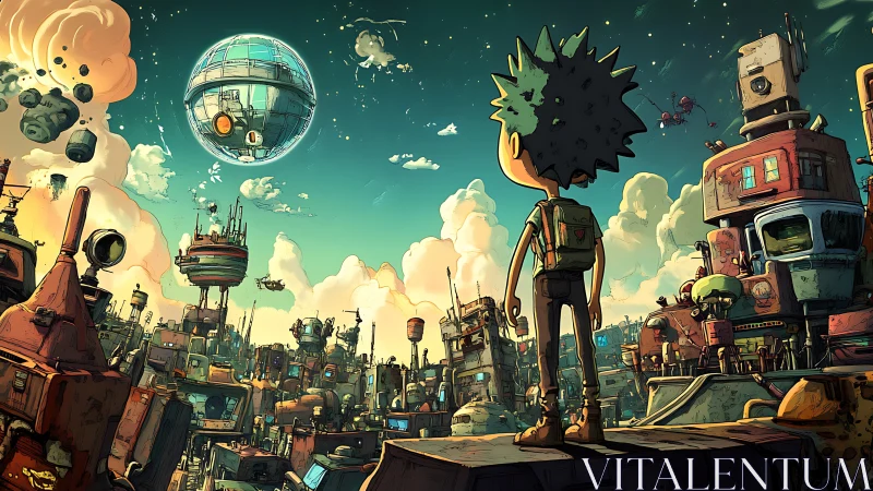 Boy observes floating orb above crowded cartoon cityscape