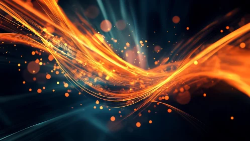 Vibrant orange light trails with glowing particles in abstract digital art.