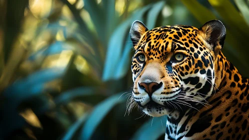 Jaguar gazes through lush jungle foliage in vivid detail.
