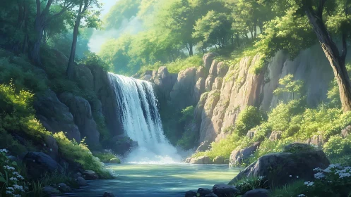 Waterfall in forest canyon with sunlit cliffs