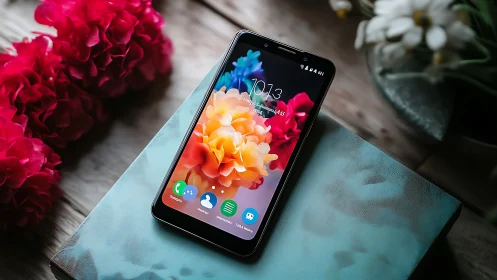 Smartphone on turquoise pillow with flowers.