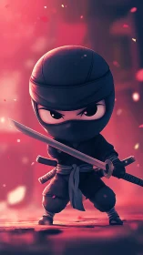 Chibi ninja character holding katana in pink dusk light.