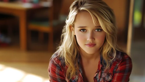 Softly lit blonde portrait captures quiet, thoughtful warmth