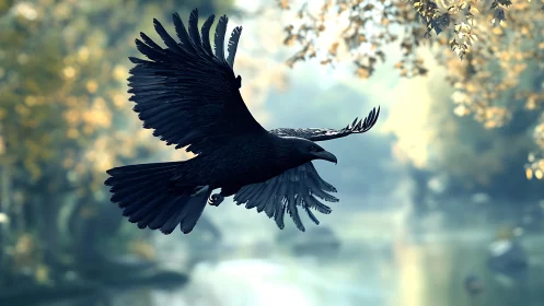 Majestic black raven in flight over tranquil autumn forest scene.