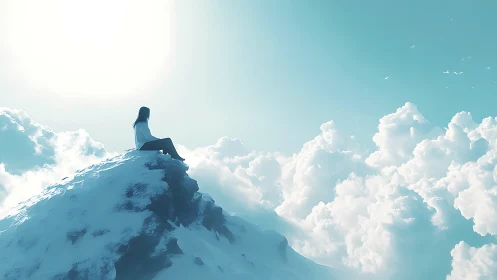 Digital painting of lone figure on icy summit in cloudscape.