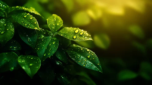 Photorealistic macro foliage with dew under golden backlight.