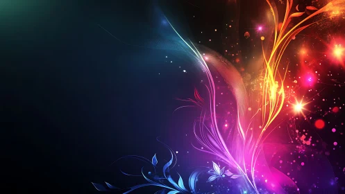 Vector light trails form neon floral arcs on dark gradient field