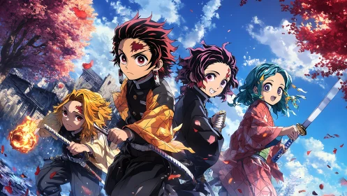 Dynamic anime swordsmen advance under vivid autumn sky