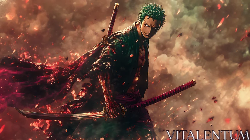 Swordsman strides through burning storm with blazing resolve