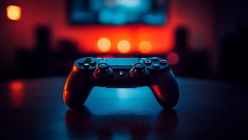 PlayStation Controller Illuminated by Neon Blue and Red Ambient Lighting.