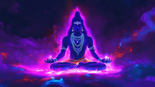 Neon-hued meditative figure in symmetrical seated posture.