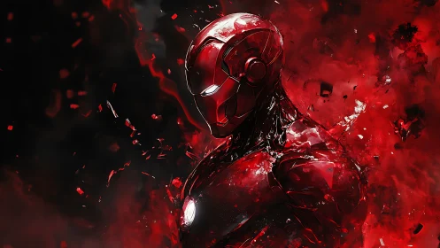 Red armored humanoid figure amid abstract digital debris.