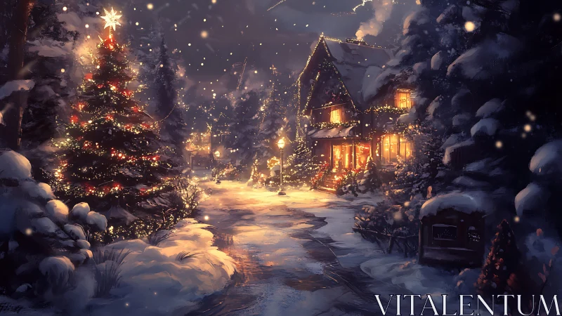 Snowlit cottage glows under storybook Christmas starlight.