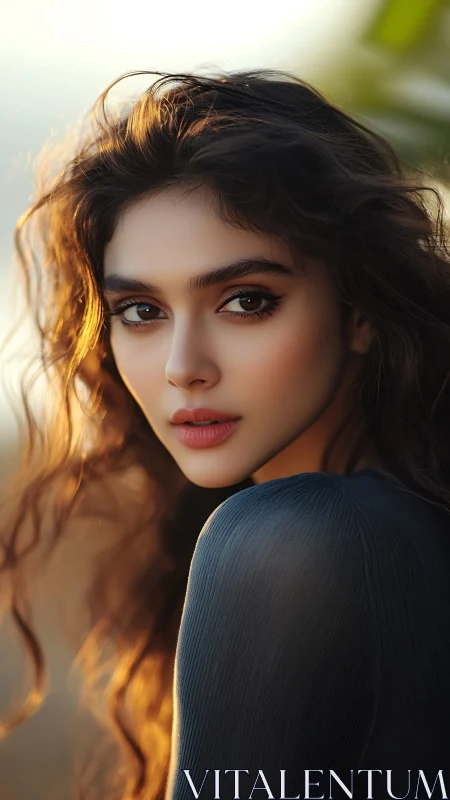 Sunlit brunette portrait with cinematic warm backlight.