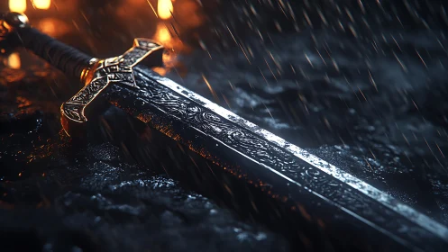 Rain-soaked engraved sword under dramatic firelight focus.