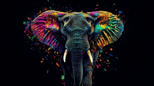 Multicolored elephant portrait on black background surface.