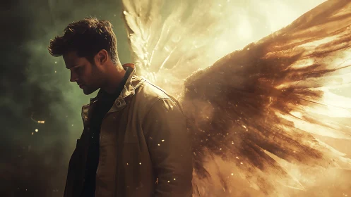 Man with glowing angel wings stands in dramatic side profile