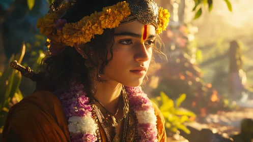 Sunlit young deity listens to the forest breathe in gold hush