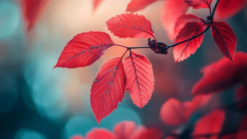 Scarlet autumn leaves glow against a dreamy teal bokeh