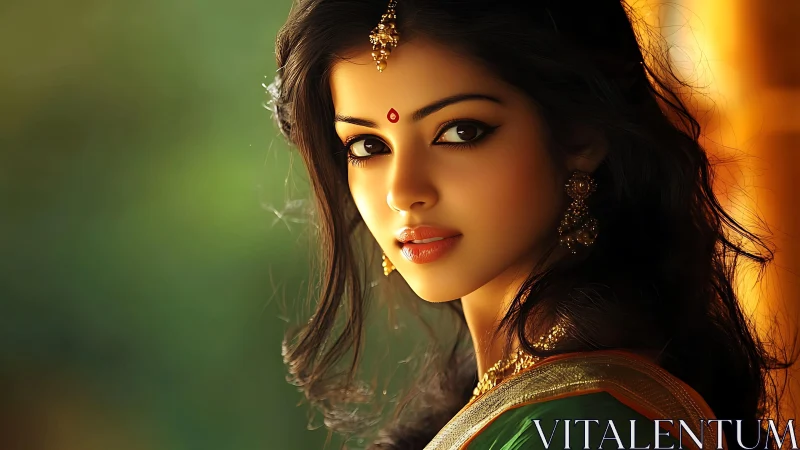 Woman with traditional jewelry looks at camera in warm light