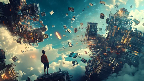 Boy stands watching fragmented city blocks float in sky