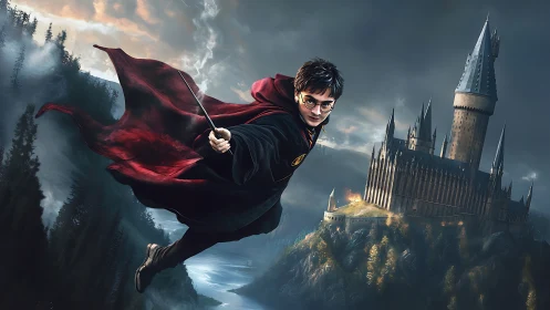 Sky-slicing wizard streaks past stormy cliffside castle