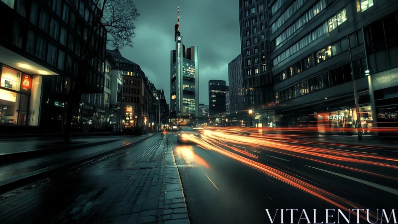 Neon light trails carve wet urban street at dusk.
