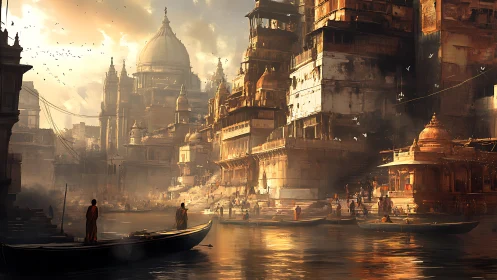 Sunlit riverfront temples line dense ancient cityscape.