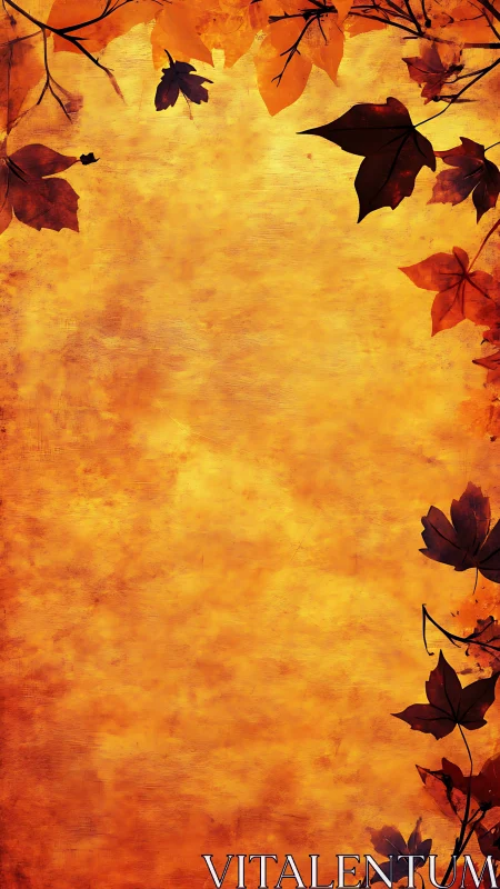 Vertical autumn foliage border on textured golden grunge background
