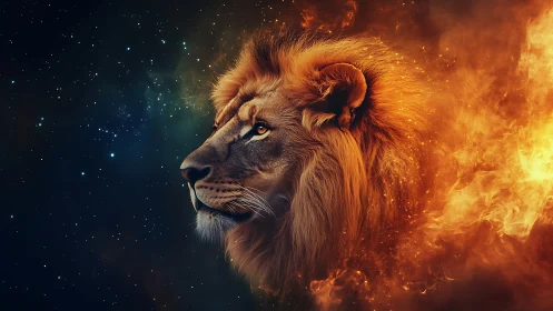 Star-stitched lion gazes forward while its mane becomes fire