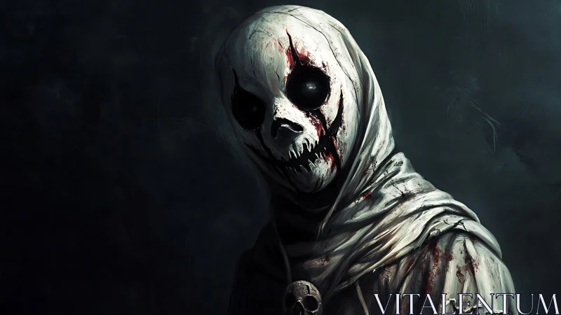Hooded skeletal wraith stares from shadowed, bloodstained void