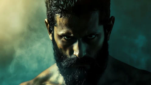 Intense bearded gaze emerges from shadow and colored mist