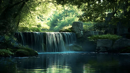 Sunlit forest cascade over stone ledge into reflective pool