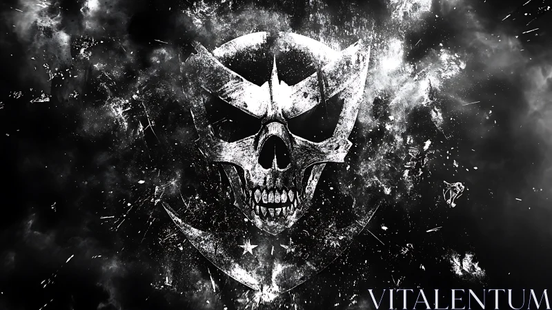 Monochrome skull emblem dissolves into explosive nebular debris