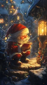 Cozy Santa reads by lantern in snowy Christmas village
