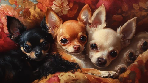 Tricolor chihuahuas resting on floral textile in warm oils.