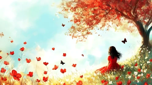 Girl in red dress sits under blooming tree in spring field