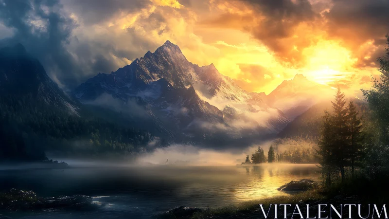 Sunlit mountain range rises above misty forest lake at dawn