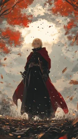 Cloaked figure stands in autumn forest under bright sky opening