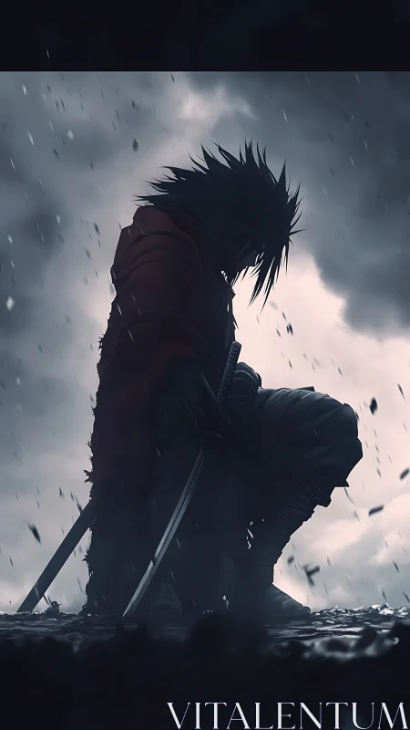 Silhouetted samurai kneels in rain under dark storm clouds