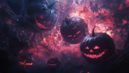 Glowing jack o&rsquo;lantern pumpkins in dark haunted mist.